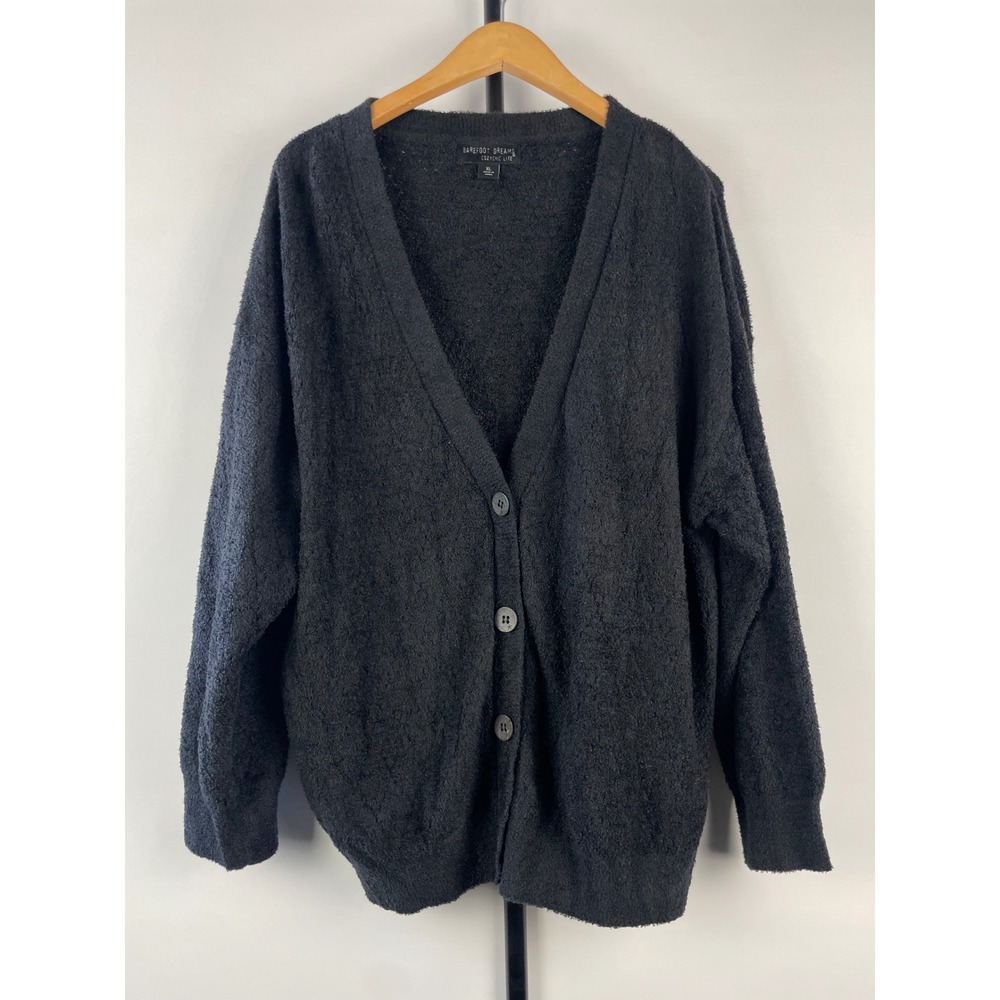 Barefoot Dreams CozyChic Lite Cardigan Black Carbon V-Neck Sweater BDWCL22246 XL